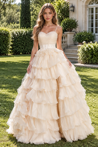 Pearl Top Spaghetti Straps A-Line Tiered Formal Prom Dress