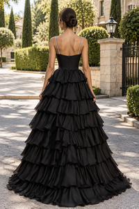 Pearl Top Spaghetti Straps A-Line Tiered Formal Prom Dress