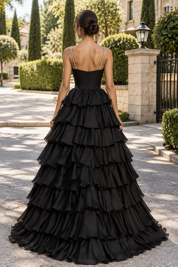 Pearl Top Spaghetti Straps A-Line Tiered Formal Prom Dress