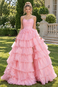 Pearl Top Spaghetti Straps A-Line Tiered Formal Prom Dress