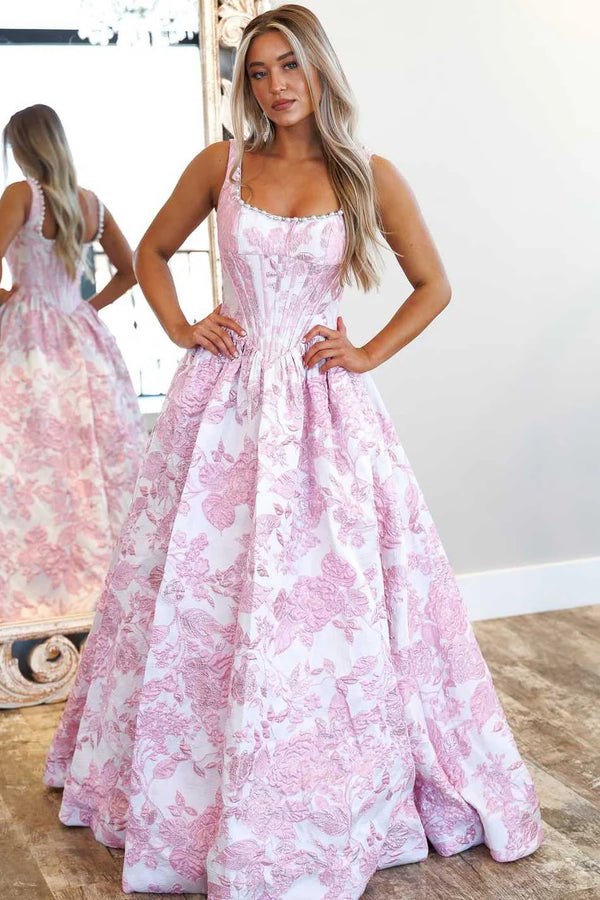 Pearls Bateau Straps Satin A-Line Empire Floral Party Prom Dress