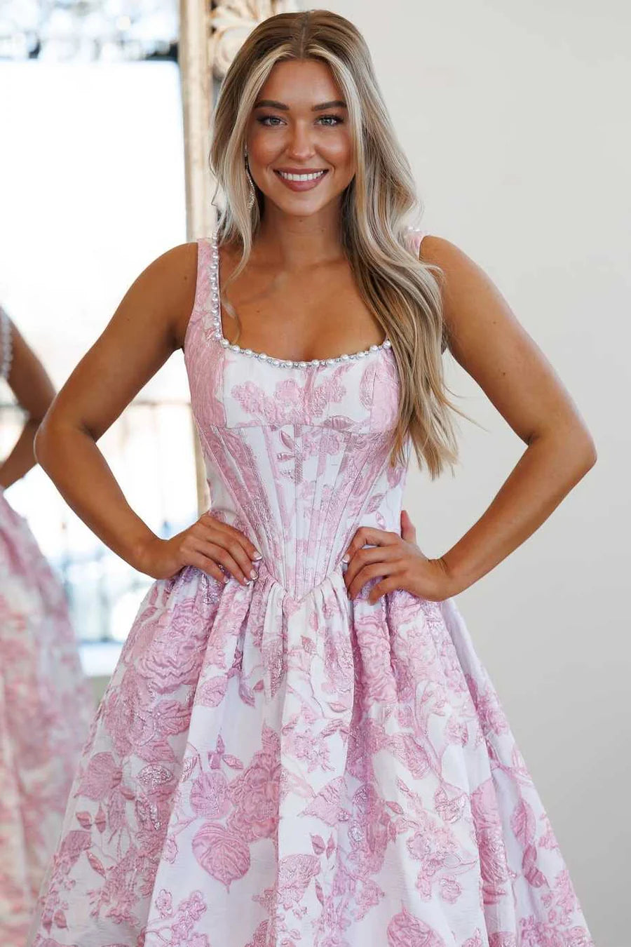 Pearls Bateau Straps Satin A-Line Empire Floral Party Prom Dress