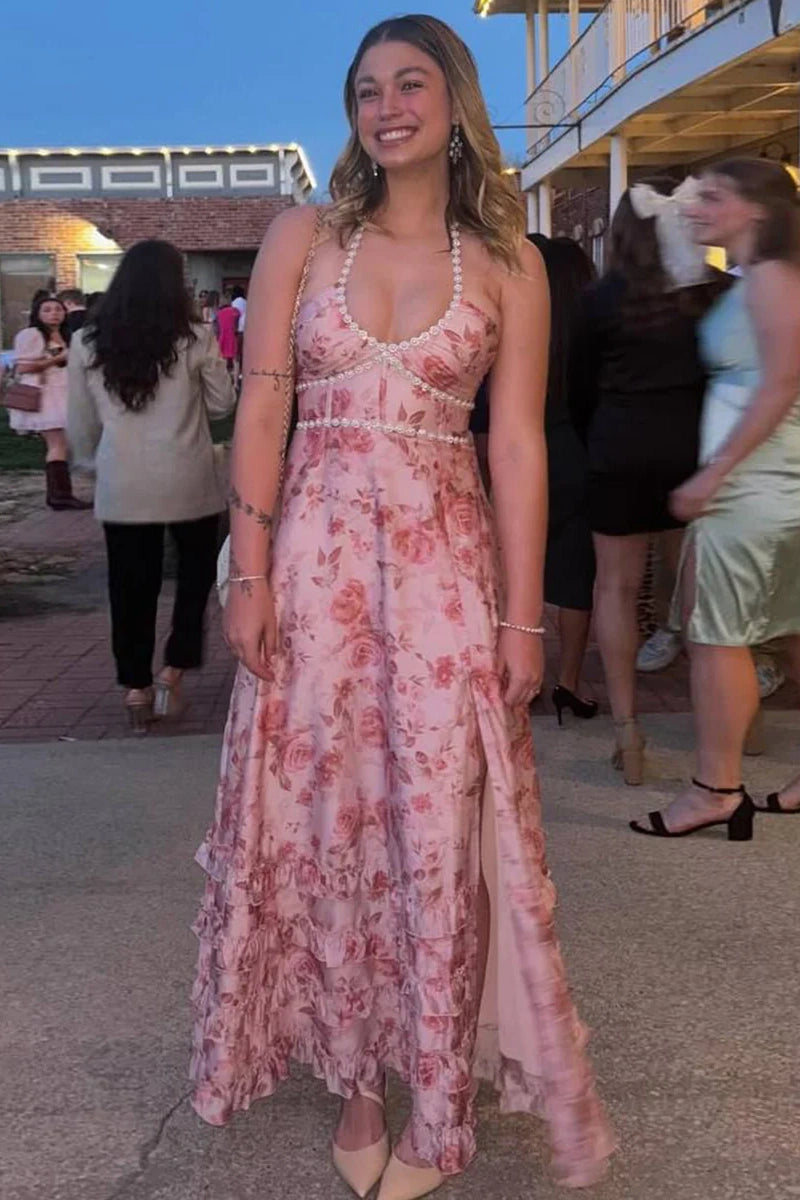 Pearls Halter A-Line Empire Maxi Floral Party Prom Dress