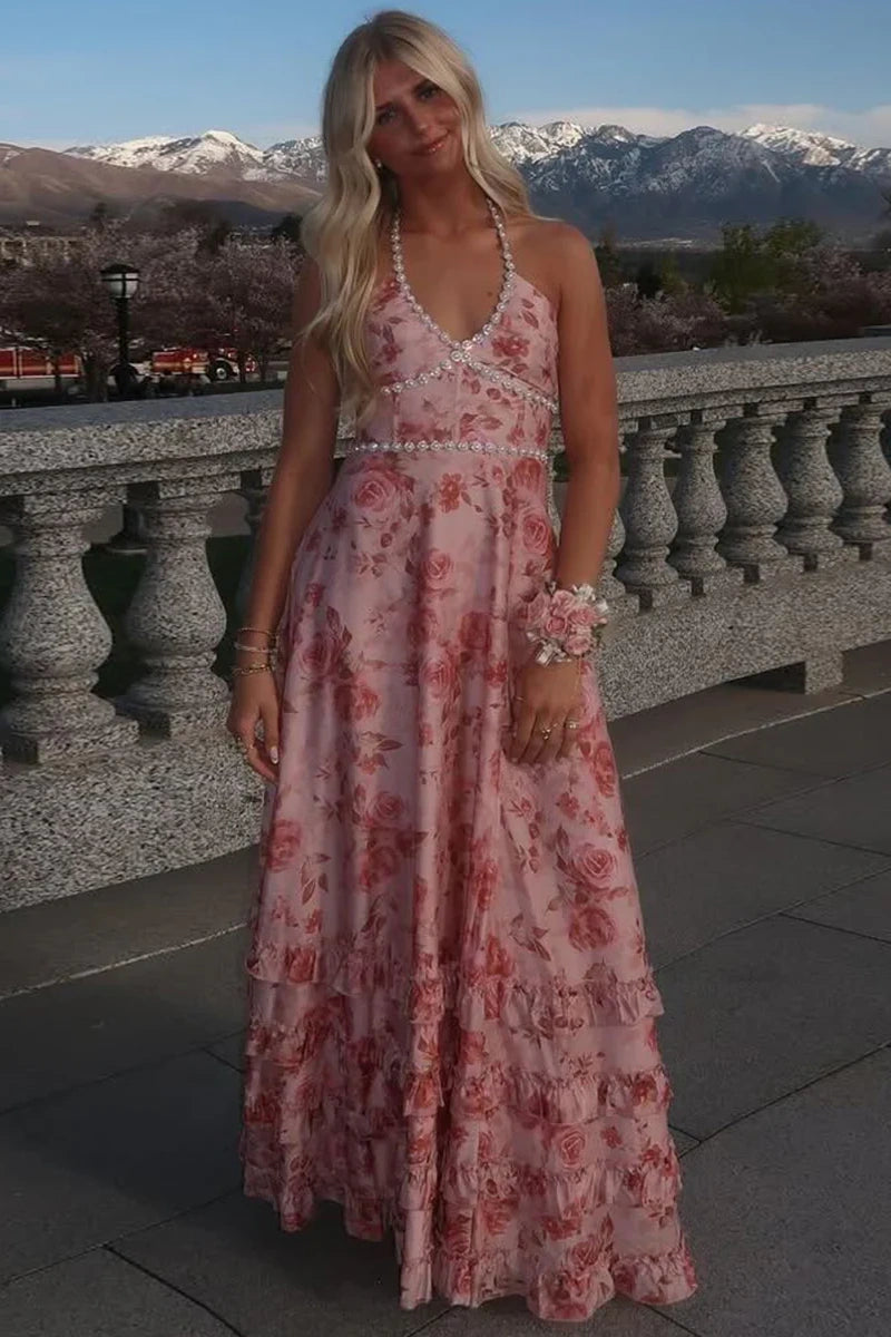 Pearls Halter A-Line Empire Maxi Floral Party Prom Dress