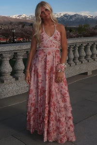 Pearls Halter A-Line Empire Maxi Floral Party Prom Dress