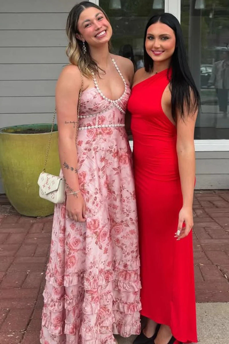 Pearls Halter A-Line Empire Maxi Floral Party Prom Dress