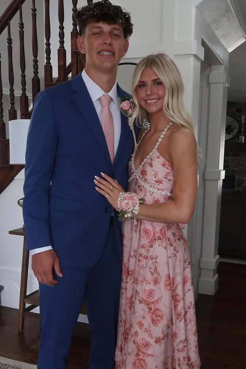 Pearls Halter A-Line Empire Maxi Floral Party Prom Dress