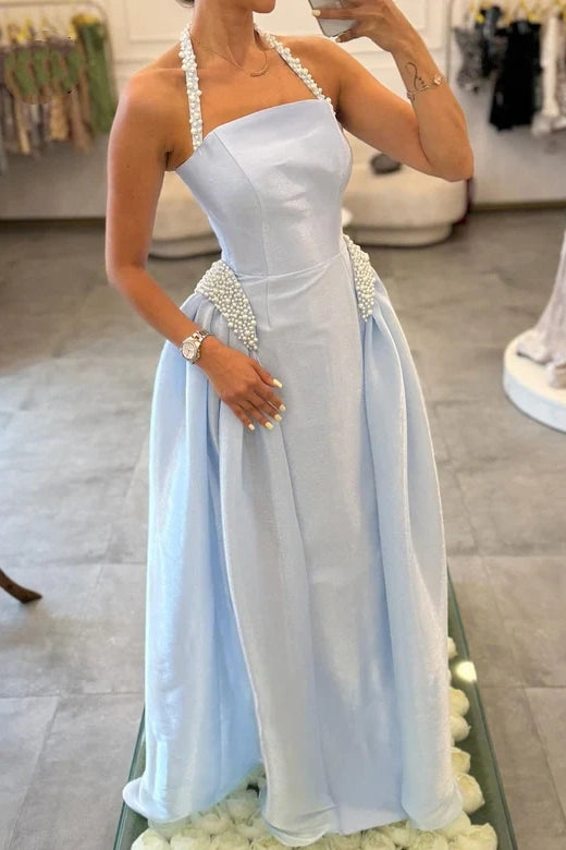 Pearls Halter Sky Blue Satin A-Line Maxi Party Prom Dress