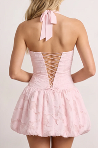 Pink A-Line Halter Lace-Up Mini Party Homecoming Dress