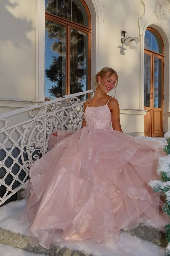 Pink A-Line Lace-Up Lace And Tulle Tiered Party Prom Gown