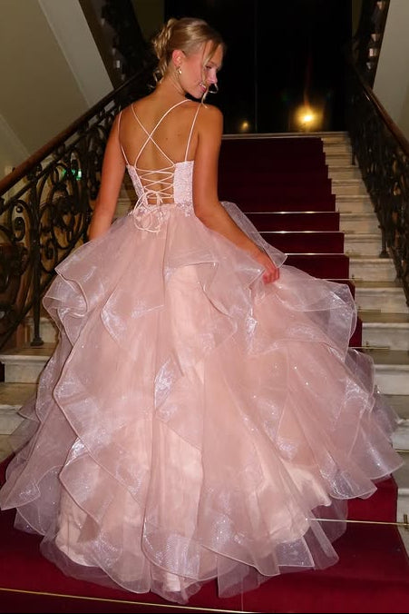 Pink A-Line Lace-Up Lace And Tulle Tiered Party Prom Gown