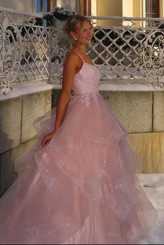 Pink A-Line Lace-Up Lace And Tulle Tiered Party Prom Gown