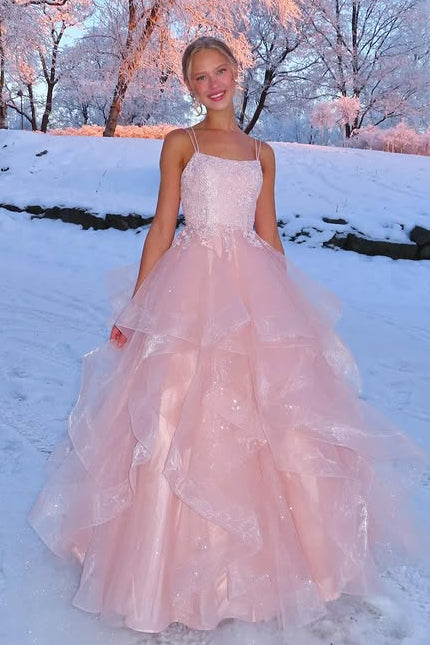 Pink A-Line Lace-Up Lace And Tulle Tiered Party Prom Gown