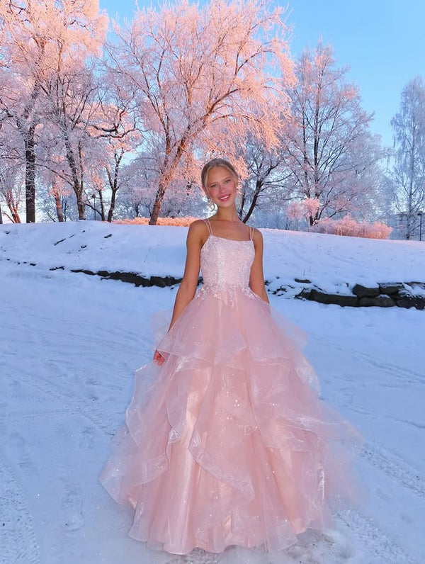 Pink A-Line Lace-Up Lace And Tulle Tiered Party Prom Gown