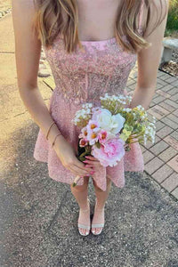 Pink A-Line Sleeveless Sequin And Lace Appliques Homecoming Dress
