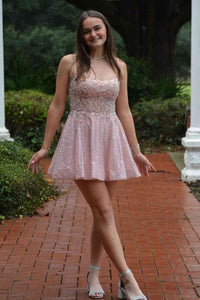 Pink A-Line Sleeveless Sequin And Lace Appliques Homecoming Dress