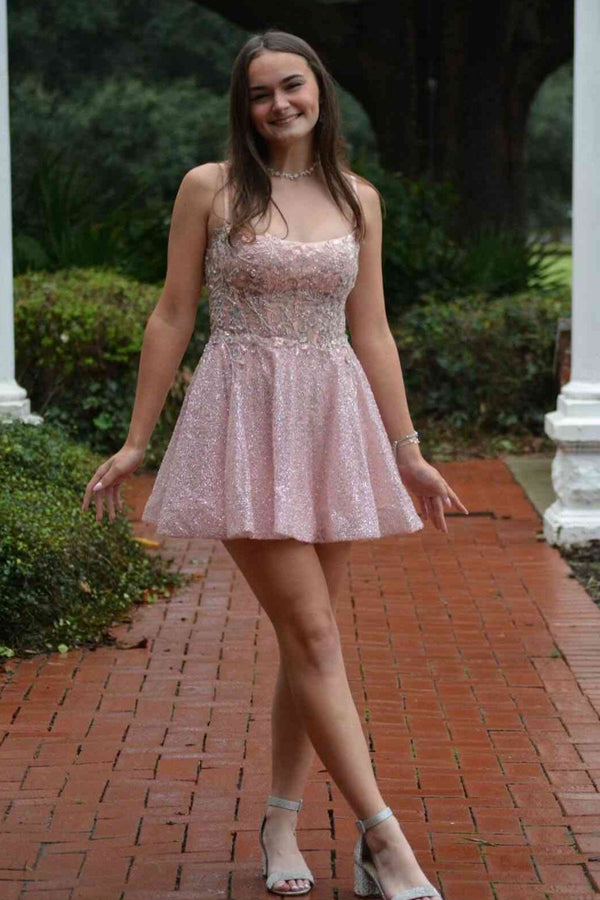 Pink A-Line Sleeveless Sequin And Lace Appliques Homecoming Dress