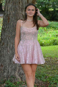 Pink A-Line Sleeveless Sequin And Lace Appliques Homecoming Dress