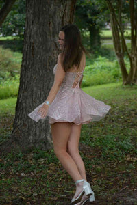 Pink A-Line Sleeveless Sequin And Lace Appliques Homecoming Dress