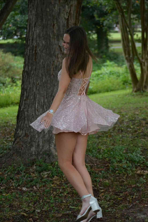 Pink A-Line Sleeveless Sequin And Lace Appliques Homecoming Dress