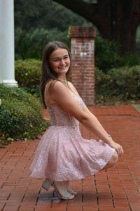Pink A-Line Sleeveless Sequin And Lace Appliques Homecoming Dress