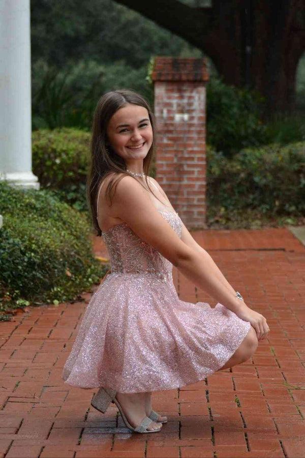 Pink A-Line Sleeveless Sequin And Lace Appliques Homecoming Dress
