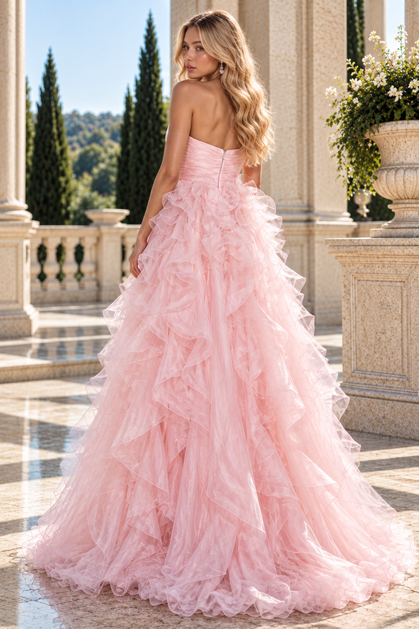 Pink A-Line Strapless Empire Two Tone Ruffle Split Party Prom Dress