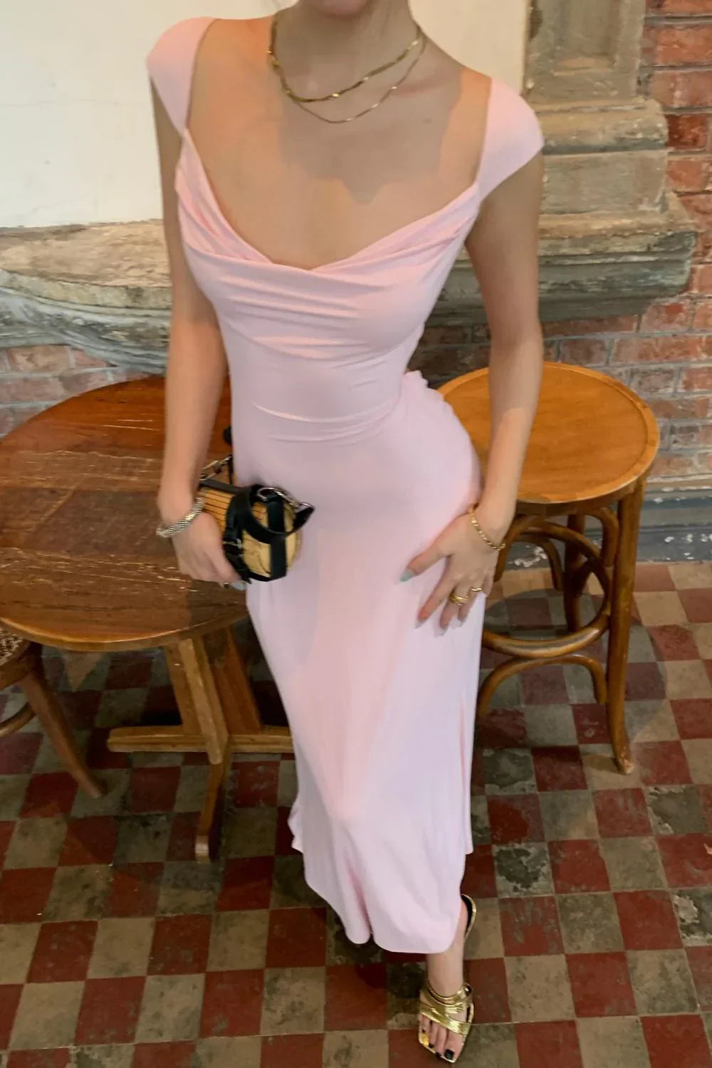 Pink Cap Sleeves Low Neckline Open Back Sheath Party Prom Dress