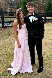 Pink Chiffon A-Line Boat Strapless Pleated Party Prom Dress