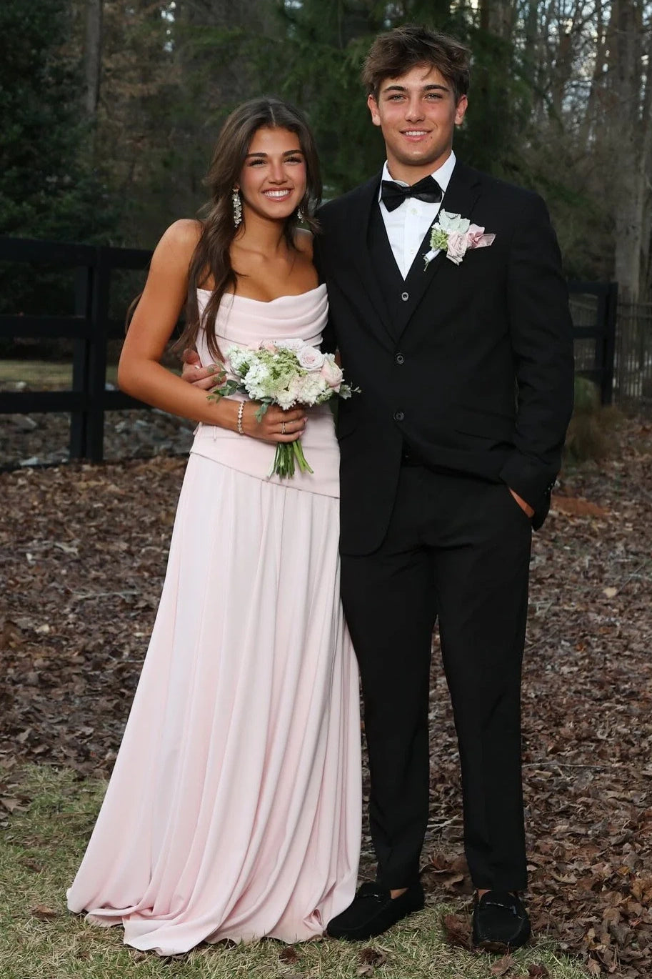 Pink Chiffon A-Line Boat Strapless Pleated Party Prom Dress