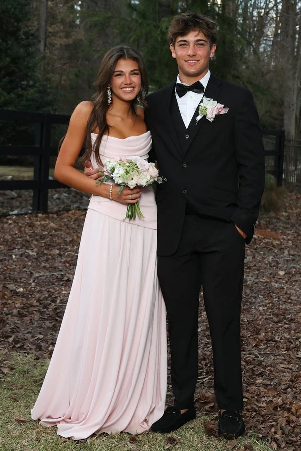 Pink Chiffon A-Line Boat Strapless Pleated Party Prom Dress