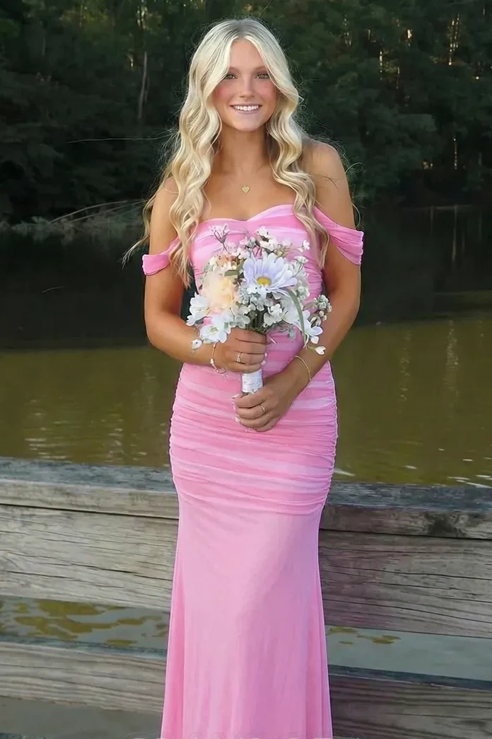 Pink Chiffon Sheath Sweetheart Off-Shoulder Party Prom Dress