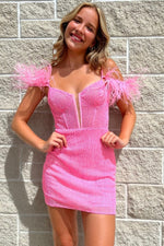 Feather Cold Sleeve Beaded Short Homecoming Dress