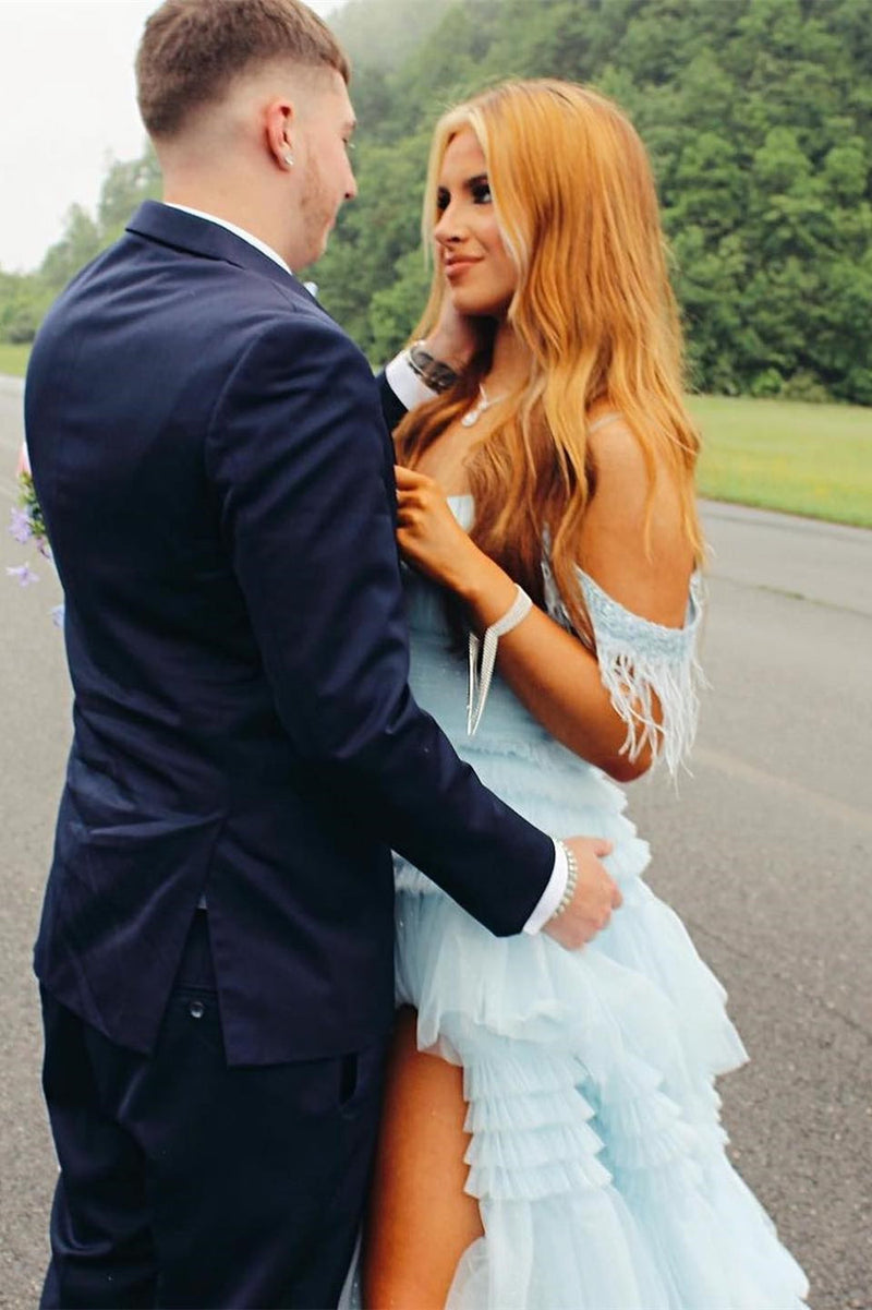 Cold Shoulder Pink Feathers A-Line Tiered Prom Dress