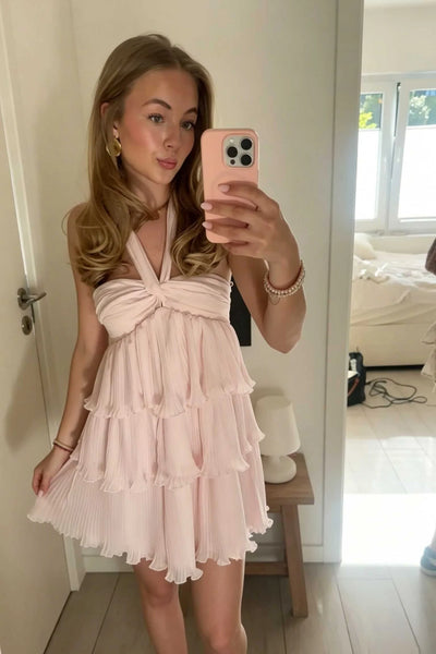 Pink Halter Chiffon A-Line Tiered Short Homecoming Dress
