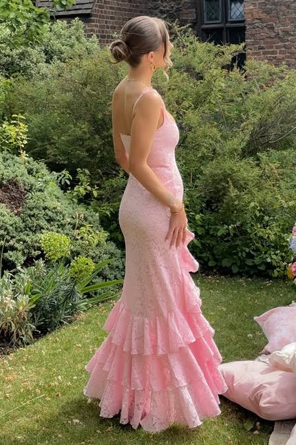 Pink Lace A-Line Square Straps Tiered Party Prom Dress With High Slit