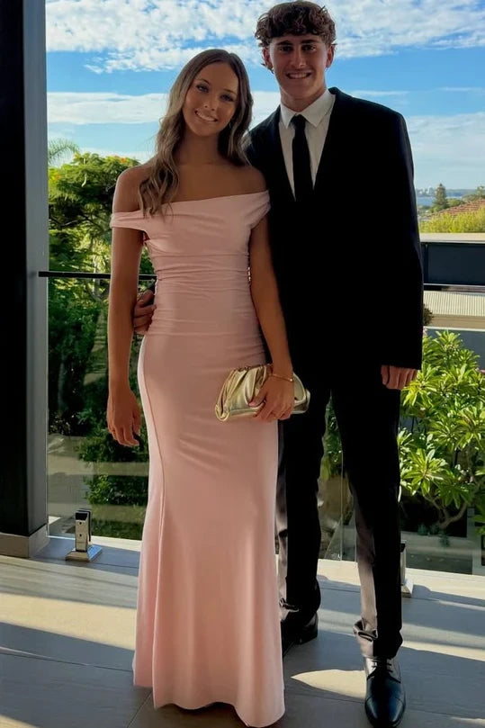 Pink Off-Shoulder Satin Sheath Floor-Length Party Prom Dress