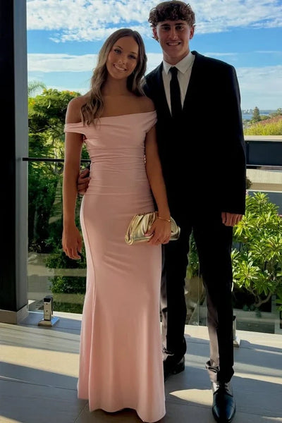 Pink Off-Shoulder Satin Sheath Floor-Length Party Prom Dress