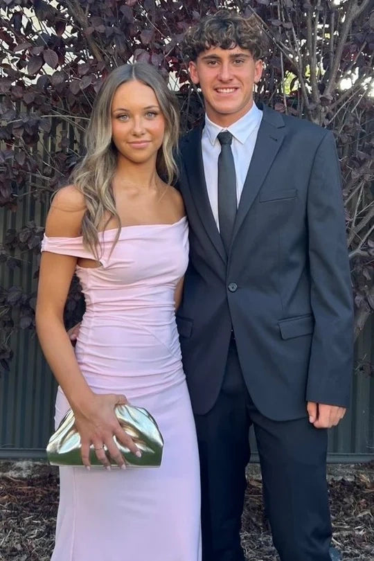 Pink Off-Shoulder Satin Sheath Floor-Length Party Prom Dress