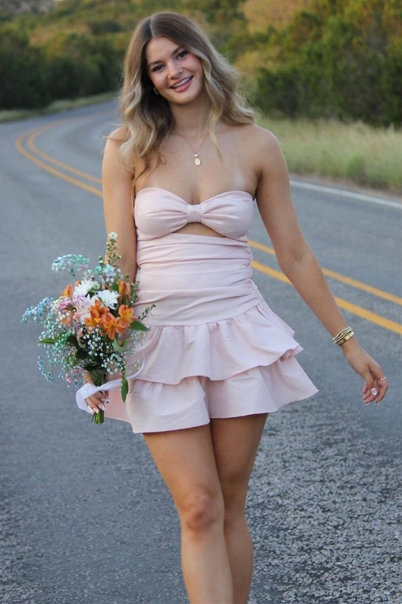 Pink Satin A-Line Keyhole Strapless Tiered Party Homecoming Dress