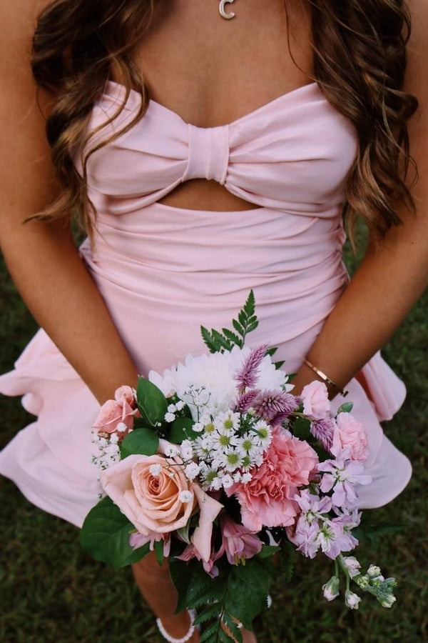 Pink Satin A-Line Keyhole Strapless Tiered Party Homecoming Dress