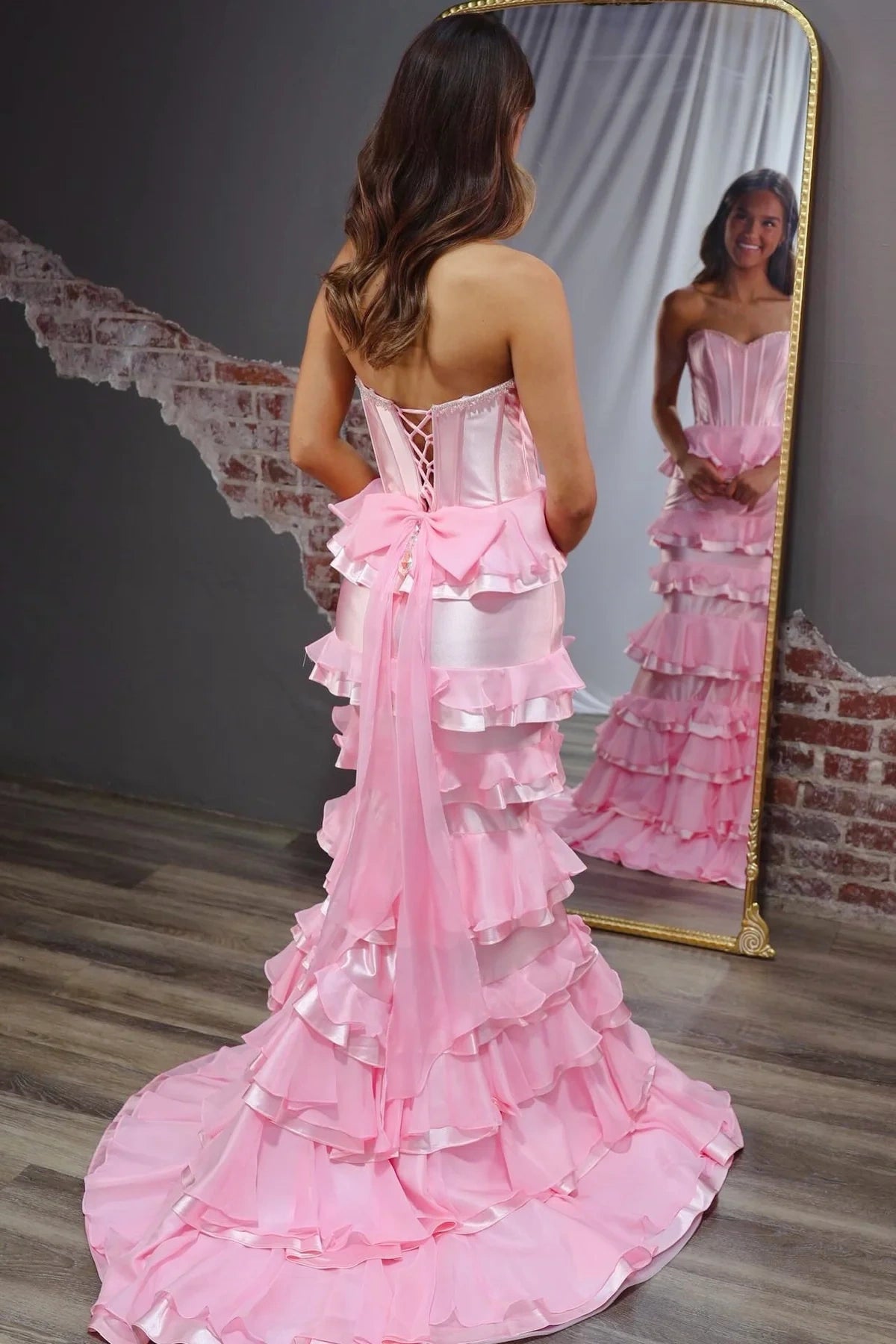 Pink Satin And Chiffon Tiered Mermaid Sweetheart Party Prom Dress