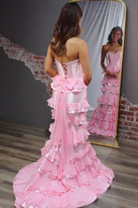 Pink Satin And Chiffon Tiered Mermaid Sweetheart Party Prom Dress