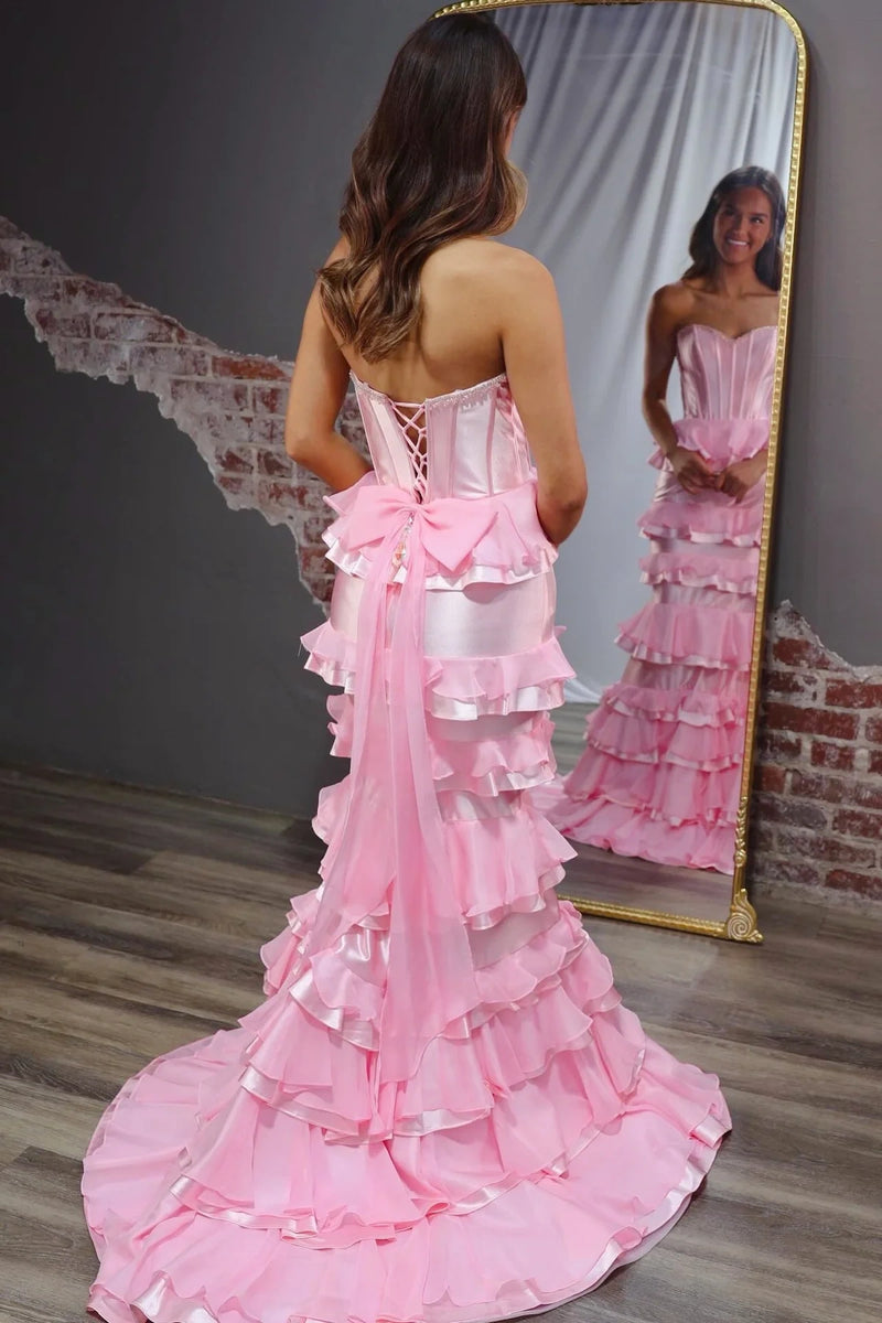 Pink Satin And Chiffon Tiered Mermaid Sweetheart Party Prom Dress