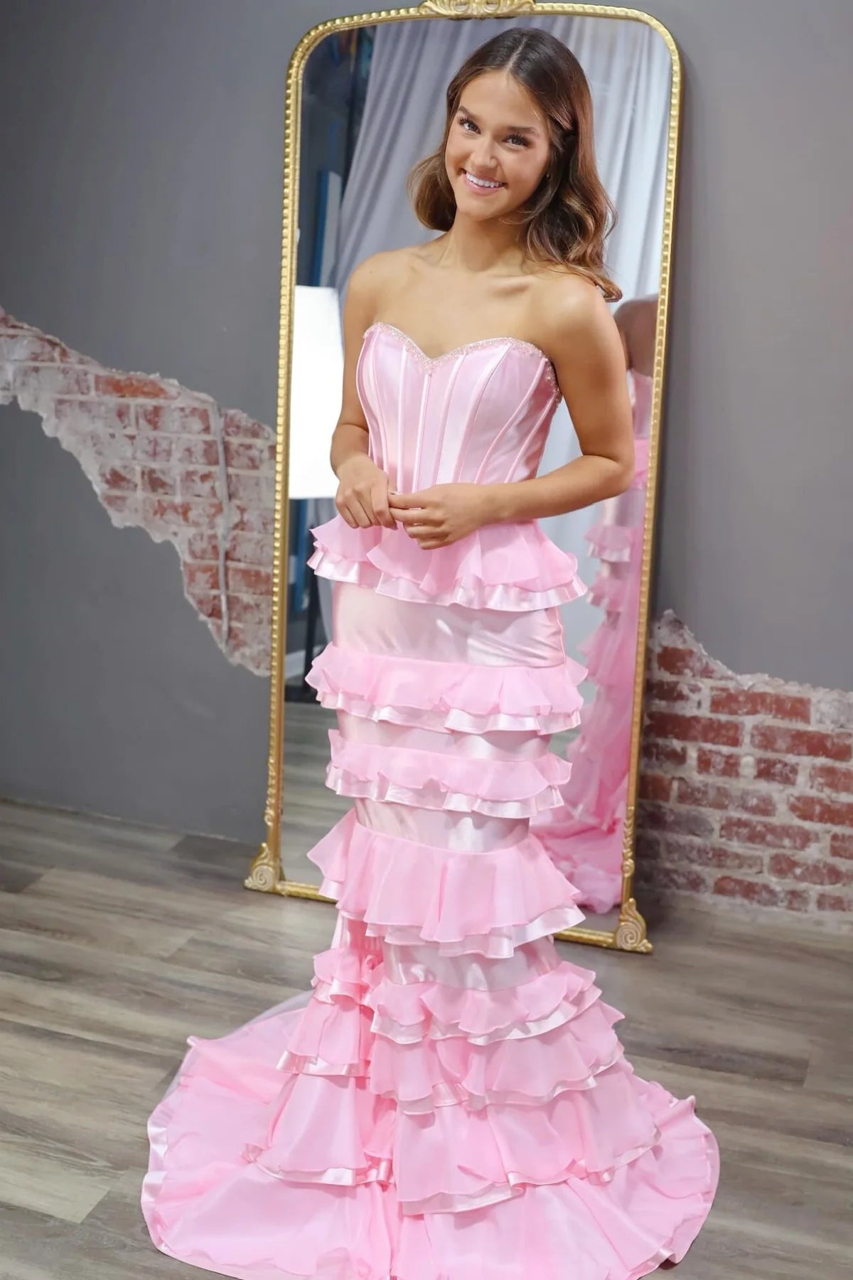 Pink Satin And Chiffon Tiered Mermaid Sweetheart Party Prom Dress