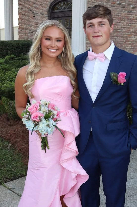 Pink Satin Empire Strapless Ruffle Slit Mermaid Party Prom Dress