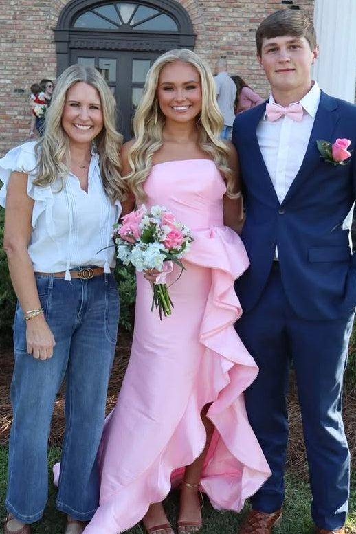 Pink Satin Empire Strapless Ruffle Slit Mermaid Party Prom Dress