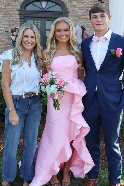 Pink Satin Empire Strapless Ruffle Slit Mermaid Party Prom Dress