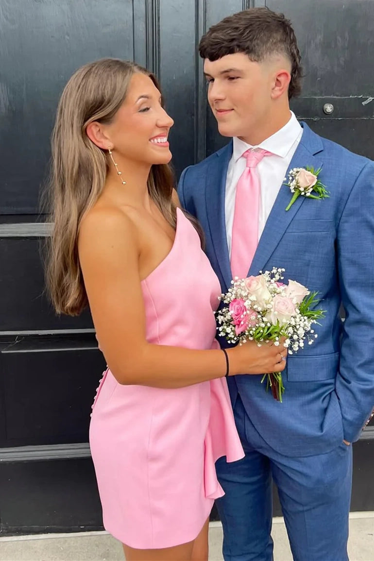 Pink Satin Fitted Irregular Strapless Short Homecoming Dress