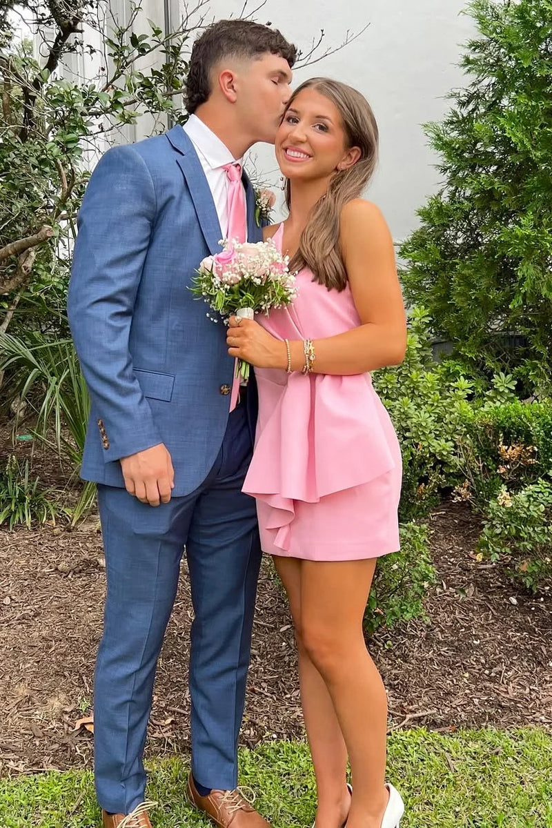 Pink Satin Fitted Irregular Strapless Short Homecoming Dress